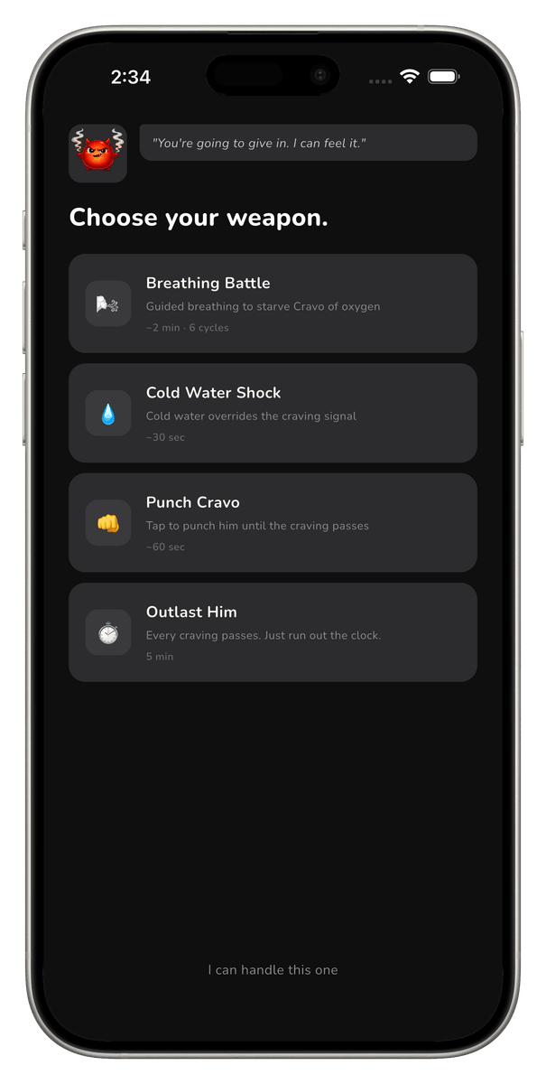 Cravo app SOS menu showing four ways to beat a craving — breathing, cold water, punching, and outlast