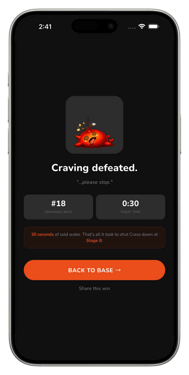 Cravo app showing a craving defeated — Cravo knocked out, stats displayed