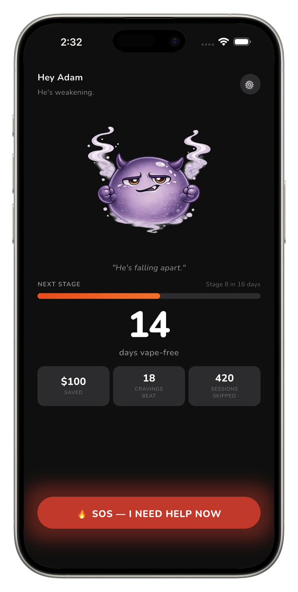 Cravo app home screen on day 14 — villain visibly weakened, 18 cravings beaten