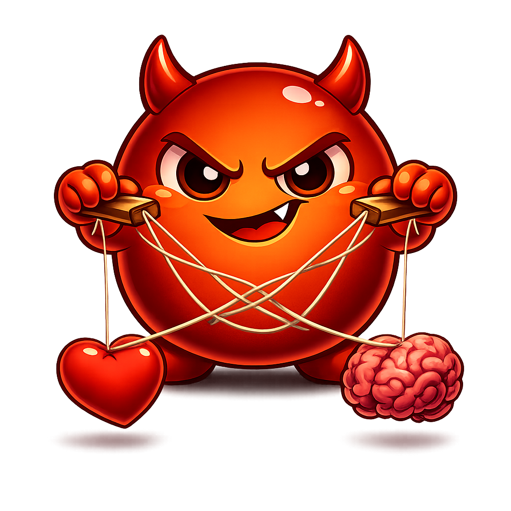 Cravo puppeteering strings attached to 'Guilt' and 'Shame,' deliberately tangling them